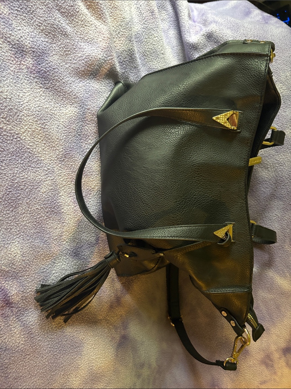 Black Leather Shoulder Tote with Tassel Accent